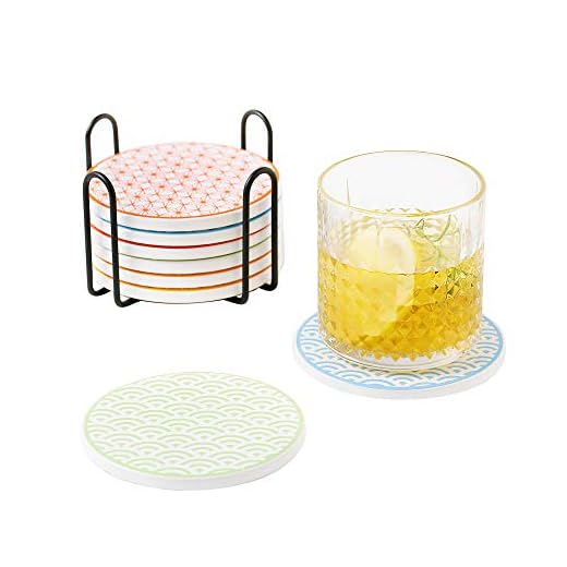 vancasso Serie Natsuki Posavasos de Porcelana 8 pcs con Soporte, Decorativos para Taza, Copas, Vaso, Vidrio, Redondos Pintados a Mano 4 Patrones Japonés 10.3 cm Colores