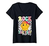 Women's Rock The Test Testing Day Smile Face Teacher Motivational V-Neck T-Shirt