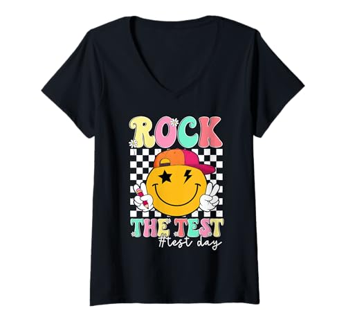Women's Rock The Test Testing Day Smile Face Teacher Motivational V-Neck T-Shirt