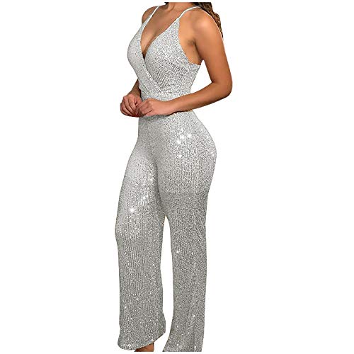 Body para mujer con lentejuelas, elegante, sin mangas, cuello en V, cintura alta, una pieza, cóctel, fiesta, festivo, mono brillante, traje de pantalón con purpurina, mono largo, plata, L