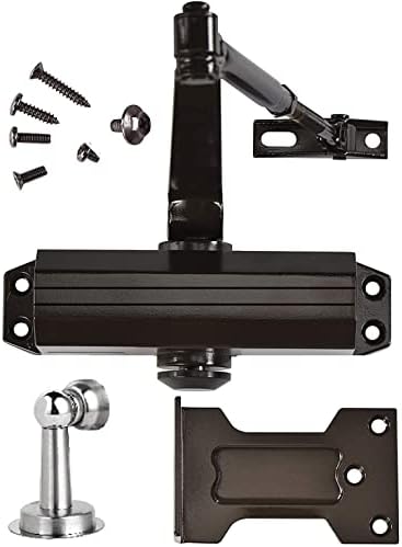 Floradis Automatic Black Door Closer with Hold Open and Parallel Plate. Suitable for Light Doors 55-100 lbs. Magnetic Door Stopper