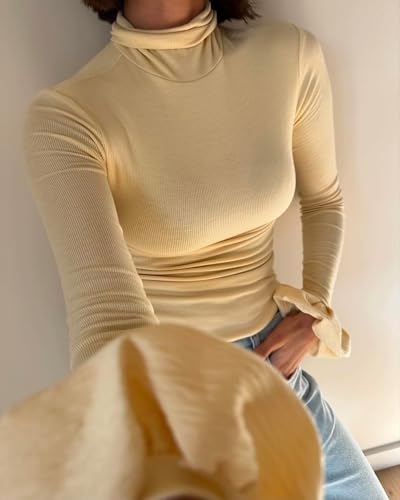 Women Y2k Turtleneck Rib Knit Top Long Sleeve Slim Fit Ruffled Cuffs Blouse Shirt Fall Aesthetic Going Out Top4
