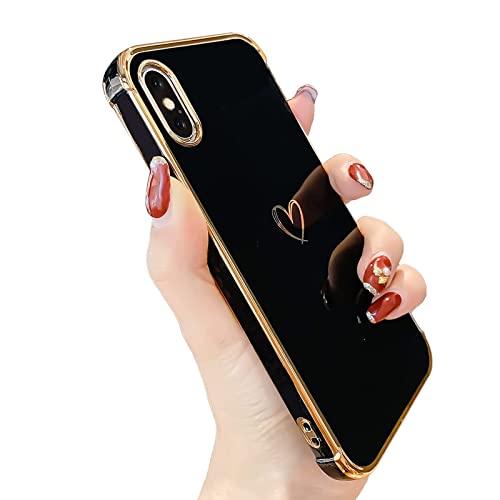 Knoowcase iPhone X Case iPhone XS Phone Case for Girls Women Shockproof Flexible Silicone Bumper Lens Protection Luxury Plated Gold Heart Slim Anti Scratch Phone Cover, Black