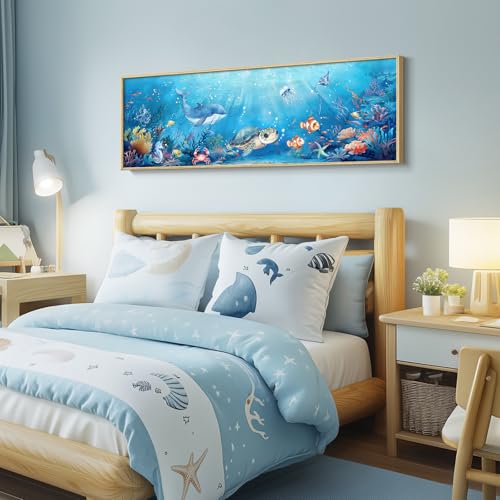 Large Framed Nursery Canvas Wall Art, Ocean Themed Nautical Prints Coastal Paintings Decor for Walls, Turtle Whale Coral Tropical Fish Pictures for Kids Boys Baby Girls Room Bathroom Wall Decor - Image 3
