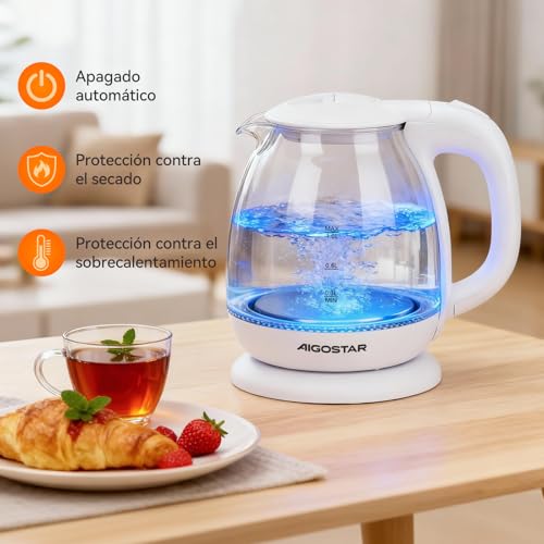 Miniatura 4 de Aigostar Elvin - Hervidor De Agua Eléctrico, Vidrio De Borosilicato, 2200w, Iluminación Led, Capacidad 1l, Rápida Ebullición, Protección Contra La Ebullición En Seco, Libre De Bpa, Blanco