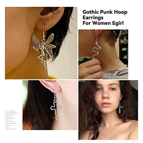 Cogu 12 Pairs Gothic Punk Vintage Earrings Set Grunge Goth Punk Rock Harajuku Emo Jewelry Silver Bat Cross Snake Pentagram Sword Razor Blade Skeleton Raven Skull Evil Eye Vampire Death Halloween Earrings For Women Girls With Delicate Gift Box #TOP5