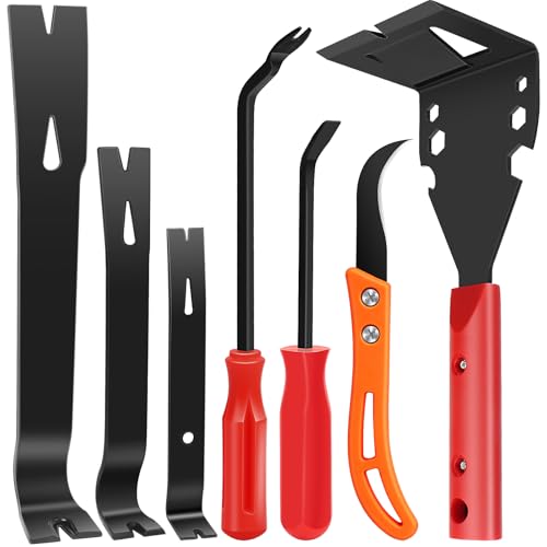 Trim Removal Tool, 7 PCS Pry Bar Set with Trim Puller, Pry Bar, Flat Pry Bar, Nail Puller, Linoleum Cutter, Trim Puller Tool for Baseboard, Molding, Siding, Crow Bar Tool for Car Wood Floor Home Work