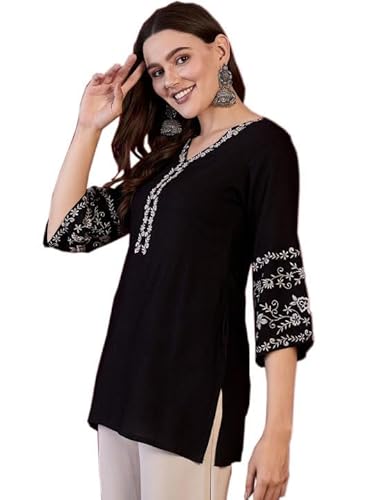 DREAMANGEL FASHION Women's Rayon Embroidered 3/4 Designer Sleeves Short Kurti