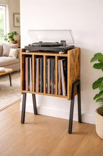 ACAZA Meuble Vinyle - pour Platine Tourne Disque et Albums Vinyles - 66 x 38.5cm - Design Bois MDF et Métal - Brun Vintage (Brun Vintage)