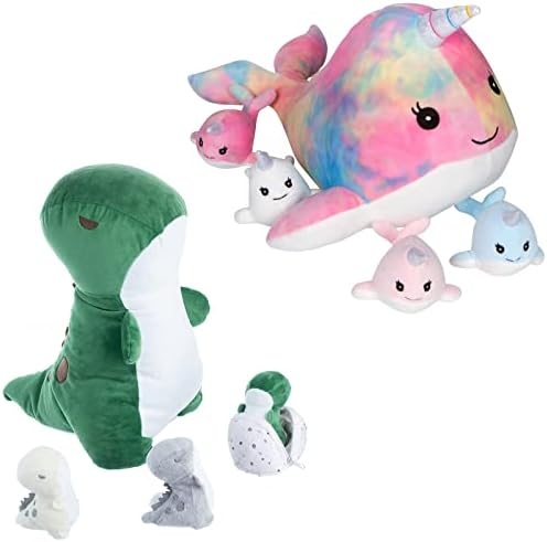 Snugababies Dinosaur (T-Rex) & Narwhal Unicorn Stuffed Animals for Girls Ages 3 4 5 6 7 8 Years; Stuffed Mommy Dinosaur with 3 Baby Dinos in her Tummy & Unicorn with 4 Baby U; Toy Pillows for Girls &