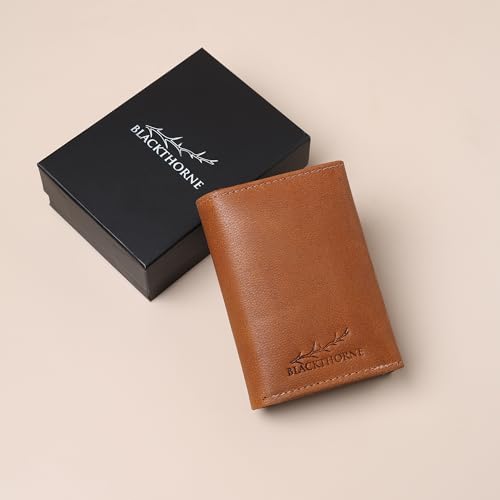 Image of BLACKTHORNE Wallet for Men | RFID Blocking Genuine Leather Pop-Up Card Holder | Slim Minimal Design with Aluminium Case Holds 6-8 Cards, Coin Pocket & Trifold Magnetic Closure (Tan)