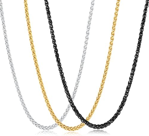 Garysiom 3 Pcs Chain Necklace for Men, 4mm Stainless Steel Gold Black and Silver Wheat Chains for Men Boys Jewelry Gift, 24 Inches