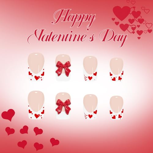 Image of White Press on Nails French Tip Fake Nails with Heart Design Medium Square Stick on Nail Glossy Full Cover Bow Glue on Nail for Women Girls Manicure 24Pcs