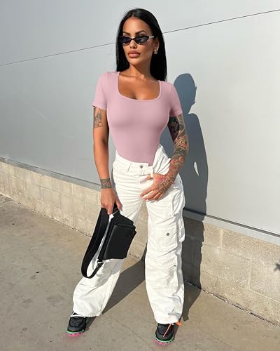 OQQ Women's 2 Piece Bodysuits Sexy Ribbed One Piece Square Neck Short Sleeve Bodysuits4