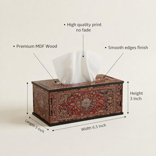 Image of Tissue Box Holder for Home Heritage Red Persian Carpet Printed Tissue Box Holder Decorative Wooden Tissue Box Cover for Table, Living Room & Office 6.5x5x3 Inch
