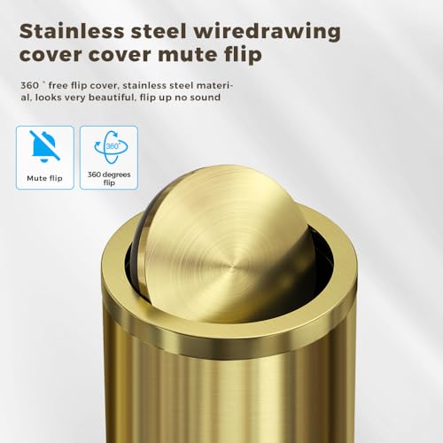 Image of 18L /4.7GAL Gold Bathroom Trash Can with Lid,Brass Garbage Can with Flipping Lid,Brushed Stainless Steel for Bedroom,Living Room,Office,Guest Room (4.7gal-Gold)
