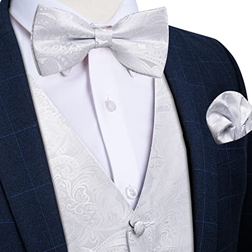 Image of DiBanGu Mens Paisley Suit Waistcoat,Silk Dress Vest and Bowtie Pocket Square Cufflinks with Lapel Pin Set for Wedding Tuxedo, White, X-Large