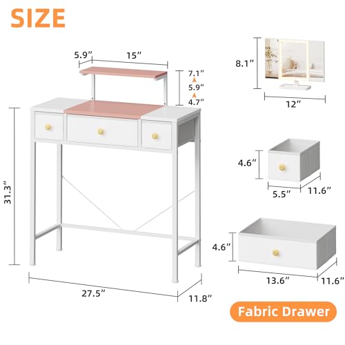 Image of HIGDBFE Small Makeup Vanity Desk 27.5''W with Mirror and Lights, 3 Drawers | USB Lighted Mirror, Height-Adjustable Stand, Fabric Drawers, Girls /Kids Gifts, Bedroom, Small Space, Dorm, White&Pink