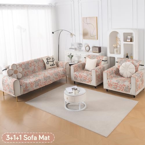 Image of HOKIPO AB Dual Design Quilted Sofa Cover 5 Seater, 3+1+1 Sofa Cover Set, Easy Drape Series, Peach Leaves (NEW-IN-1101 + IN-1099 * 2-ED3)