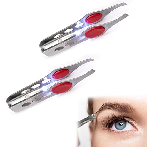 Brucelles Pince à Épiler Professionnelle Lumineuse - Pince à Épiler Sourcils en Acier Inoxydable avec Lumière LED 2Pcs