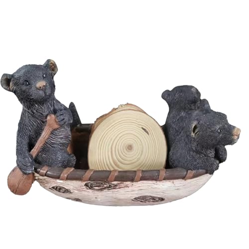 Juego de 6 adornos de jardín de tamaño completo en canoa hecha a mano con adorables figuras de oso negro, decoraciones de cabaña de troncos negros, adornos de jardín para el hogar (marrón, 20 x 3 x 9