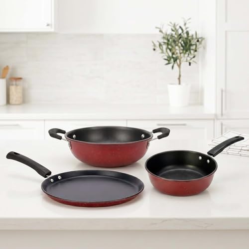 Image of DOZY Non-Stick Cookware Set of 3 |Red, Kadai 22 CM, Tawa 24.5 CM, Fry Pan 20 CM | Ergonomic Handles | Cookware Set | Induction Base