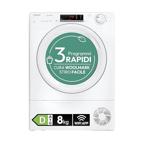 Candy Smart Pro CRO EH8N2TE-S Asciugatrice a Pompa di Calore, 8 kg, Connettività Wi-Fi + BLE, Programma Stiro Facile, Libera Installazione, 85x 60 x 58.5 cm (A x L x P cm), Bianco, Classe D