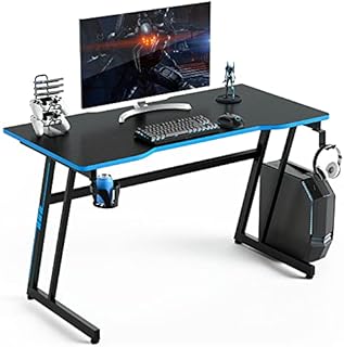 COSTWAY Computer Desk, 120cm Study Table Writing Workstation with Headphone Hook, Cup Holder and Game Handle Rack, Z-Shaped PC Laptop Table Working Gaming Desk for Home Office Bedroom (Blue+Black)