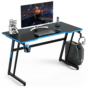 COSTWAY Computer Desk, 120cm Study Table Writing Workstation with Headphone Hook, Cup Holder and Game Handle Rack, Z-Shaped PC Laptop Table Working Gaming Desk for Home Office Bedroom (Blue+Black)