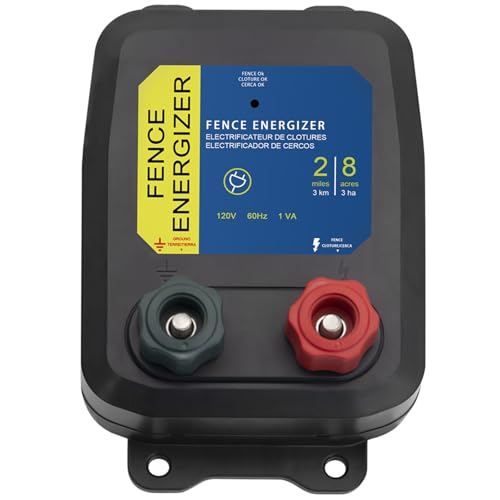 Electric Fence Energizer 2-Mile/ 8 Acres Plug in Electric Fence Charger Livestock Fence Charger for Dogs Raccoons Livestock Squirrels Chicken Coops Skunks intruding 0.1 Joule
