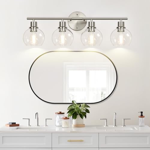 Image of Indoi 4-Light Bathroom Light Fixtures, Brushed Nickel Modern Vanity Lights Over Mirror with Clear Glass Globe Shade, Bathroom Wall Sconces for Mirror Kitchen Living Room Hallway Cabinet Bedroom Porch