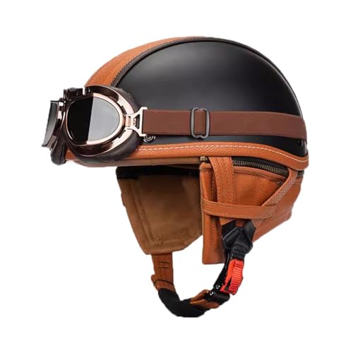 VVPEC Retro Casque Demi Jet Cuir Casque Jet Vintage, Casque Moto Scooter, Casque Bol Homologué ECEDOT Casque De Protection for Hommes Et Femmes, Casque De...