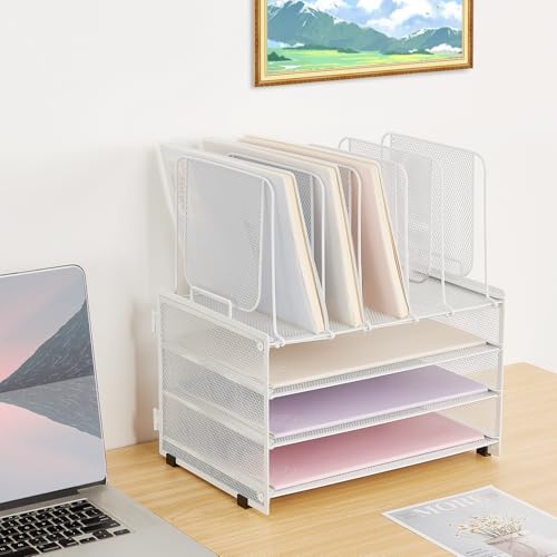 LEKETREE Desk Organizers and Accessories, 3-Tier Paper Organizer with 5 Vertical File Holders, File Organizer for Desk, Desk Accessories & Workspace Organizers (Pearl White, 3T)