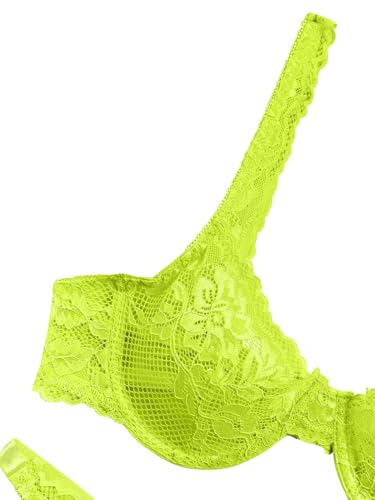 Image of Lilosy Petite Sexy Floral Lace Scallop Underwire Push Up Sheer Lingerie Set Outfits Women See Through Match Thong Bra and Panty 2 Piece Neon Green X-Small