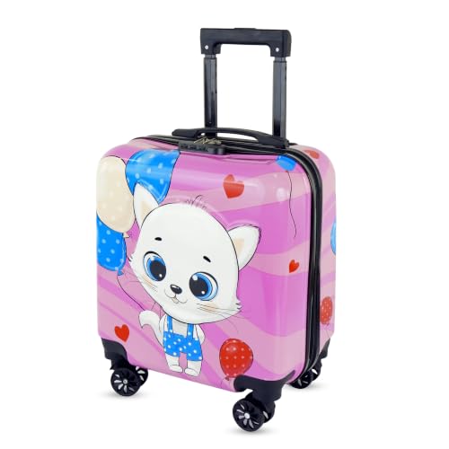 Image of Storite 18In Kids Luggage Trolley Hard Shell Cabin Suitcase | Cute Cartoon Kitten Design Suitcase Ideal For School Trips Vacations Holidays And Weekend Travel (Pink - 35 x 23 x 38 Cm)
