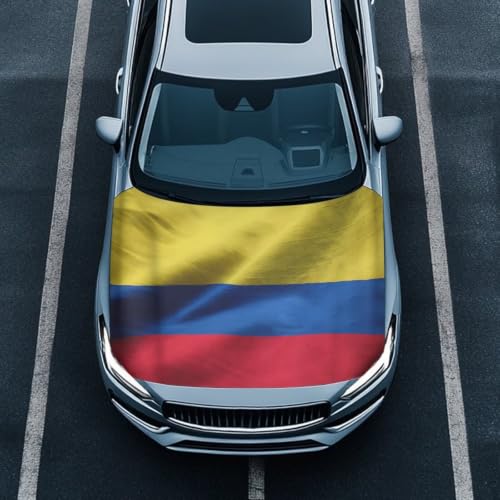 Image of Colombia Flag Print Car Hood Cover Elastic Polyester Car Hood Protector Auto Patriotic Decorations Waterproof Sunproof Automotive Exterior Accessories for Sports Events and Outdoor Use