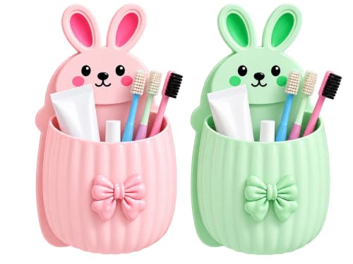 Image of Cute Rabbit Wall Mounted Toothbrush Holder | Self Adhesive Bathroom Organizer for Toothbrush, Toothpaste, Comb & Makeup Brushes | Bathroom Accessories for Kids & Home (Pink Green Rabbit)