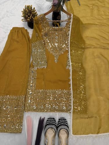 Image of PERFECT CHOICE WOMEN'S Heavy Natural Crep Silk Stitched Ethnic Salwar Kameez - Long Kurti with Embroidered Sleeves, Party & Festival Wear (SF251-ve115 Black1 XXL)