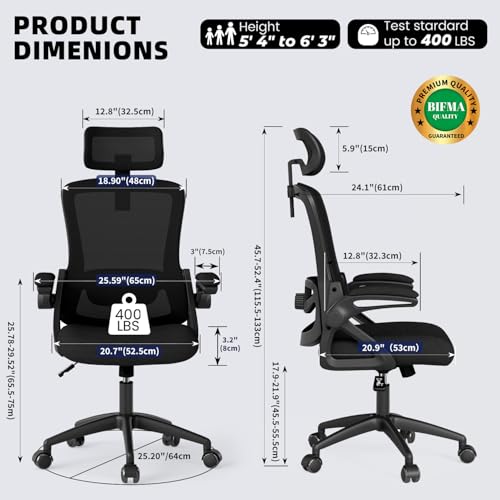 Image of Ergonomic Office Chair Desk Chair with Adjustable Lumbar Support | Mesh Computer Chair Home Office Desk Chair with Flip-up Armrests Executive Task Chair Comfy Mesh Gaming Chair (Black-Black)