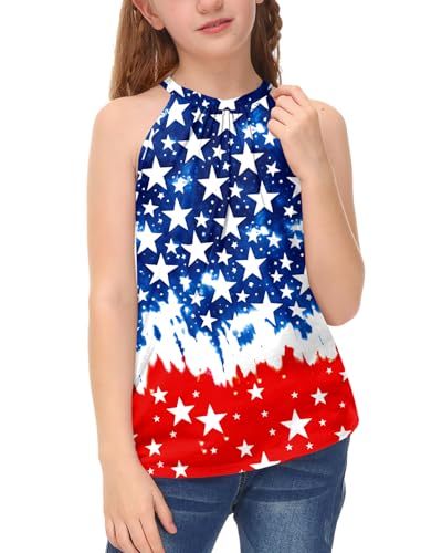 Image of BesserBay Girls Summer Back Button Halter Neck Tank Top Cold Shoulder Casual Blouse Pleated Sleeveless Shirts 5-14 Years