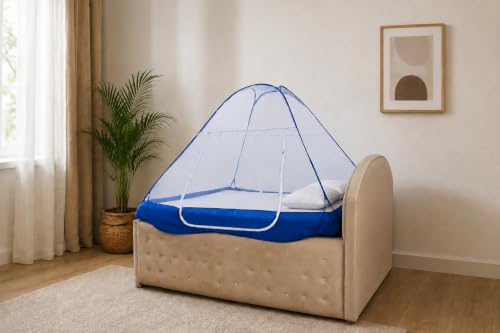 Image of Healthy Sleeping Mosquito Net | Double Bed | Supreme King Size Bed | Foldable Machardani with 2 Side Zipper Opening | Strong 30GSM Polyester Net | PVC Coated Steel Wire (Blue)