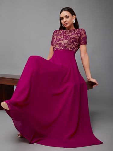 Image of Miss Chase Women's V-Neck Full Sleeve Self Design Lace-Overlaid Georgette Maxi Dress