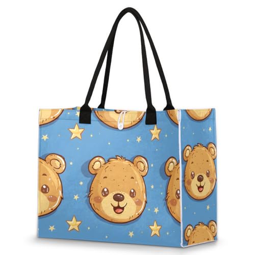 Cute Little Bear Star Tote Bag for Women Large Beach Bag Reusable Tote Bags for Work Travel Beach Shopping