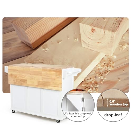HOMREST 52" Mobile Kitchen Island Cart with Drop Leaf, Kitchen Cart Rolling Mobile Island with Wooden Countertop, Spice Rack, Adjustable Shelves and Drawers, Island Table for Kitchen, White