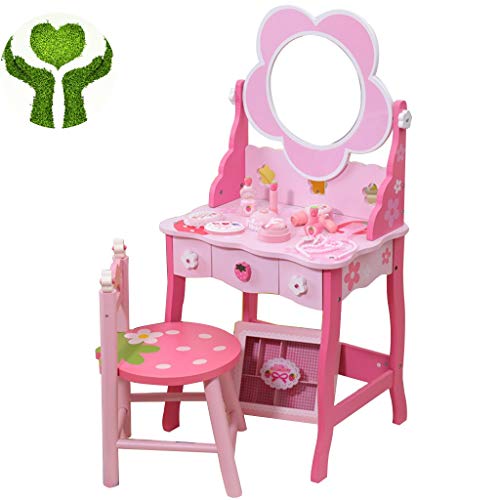 Priority Culture Jouet de Maquillage Fille Creative en Forme De Fleur en Bois Coiffeuse pour Enfants Fille Simulation Jouer Maison Maquillage Jouet Ensemble Fille Cadeau De Vanité Cadeau Cover
