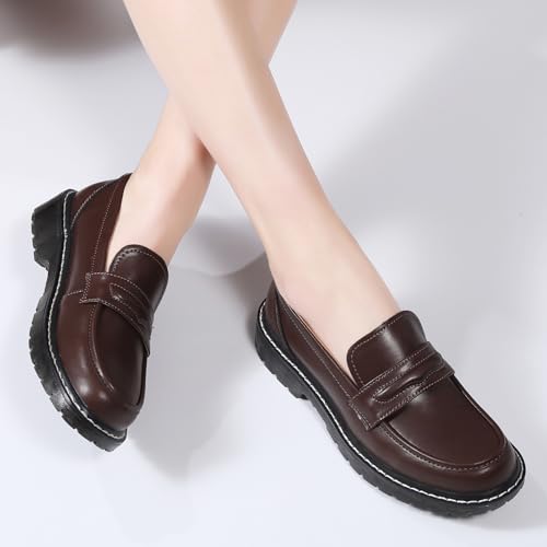 Image of XMM Black Loafers for Women Chunky Loafer Shoes Penny Loafers Flats Lug Sole Lightweight Slip On Ladies Shoes Business Casual Dressy Comfortable Office Shoes