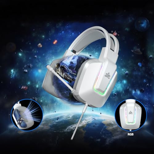 OMIRE Gaming Headset for PS5, PS4, Xbox Series X|S, Xbox One, PC, Switch, Mac - RGB Over-Ear Headphones with Noise Cancelling Mic, 50mm Drivers & Memory Earmuffs -3.5MM Wire(White Gaming Headphones) 