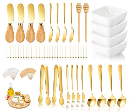 Charcuterie Board Accessories With 3 Oz Ceramic Dip Bowls, Wooden Handle Gold Cheese Spreader Butter Knive Set Kit, Mini Tongs, Spoons, Forks,Honey Dipper, Cocktail Picks