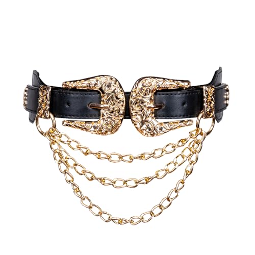 Barry.Wang Women Leather Belts Vintage Western Ladies Double Buckle Design Black Waist Belt for Pants Dresses Retro Cowgirl