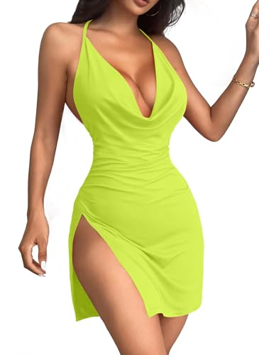 Image of JOTWIS Women's Sexy Backless V Neck Mini Dress High Slit Club Night Out Party Cocktail Dresses